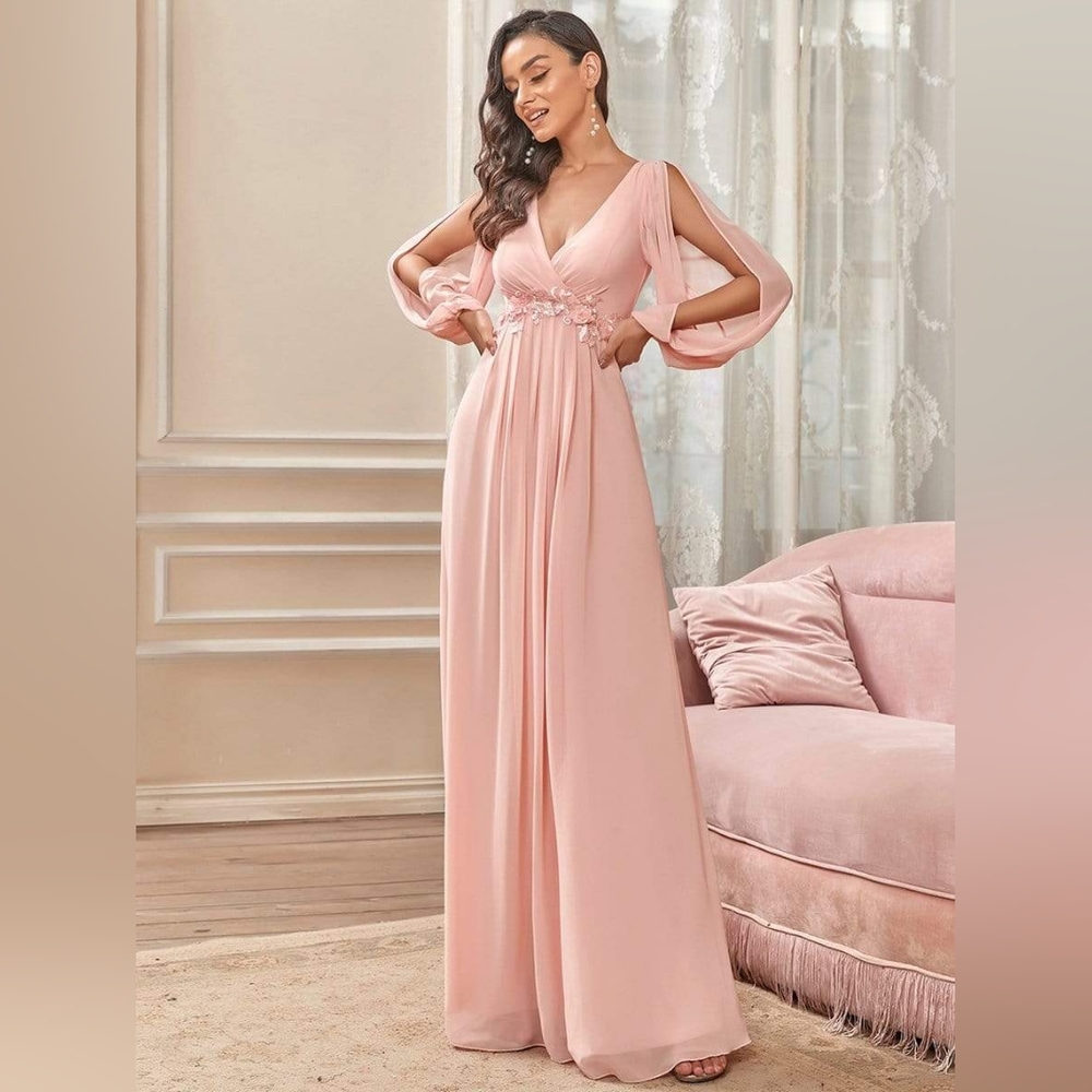 Elegant Chiffon V-Neckline Long Sleeve Formal Evening Dress - Picture 3 of 16
